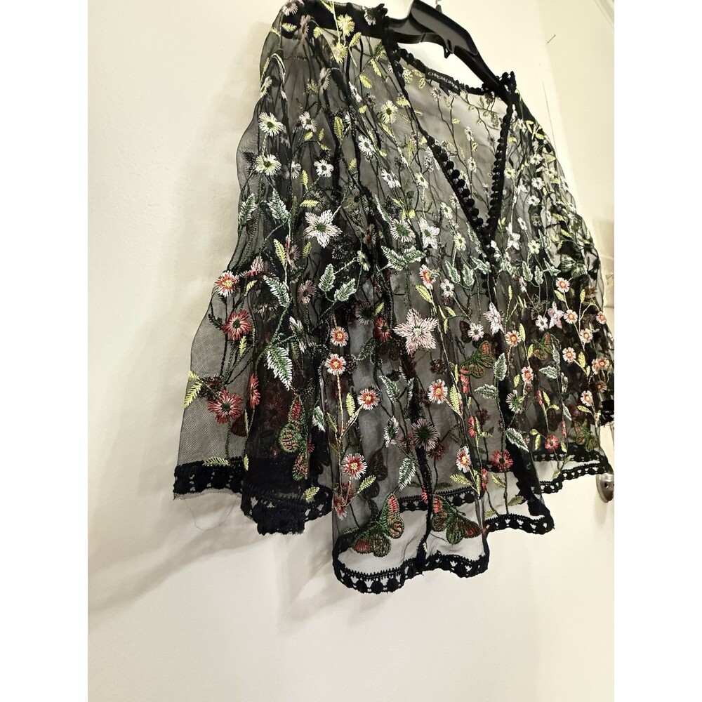 chris mclaughlin Floral Embroidered Sheer Black Kimono Top Large 3/4 Bell Sleeve - Picture 4 of 12